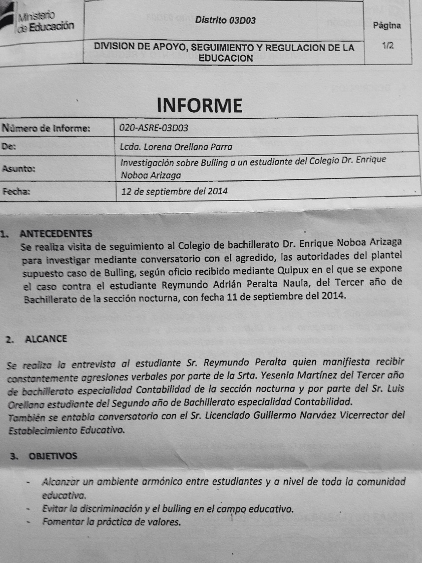Informe distrital de educación sobre acciones del caso de Bullying 1