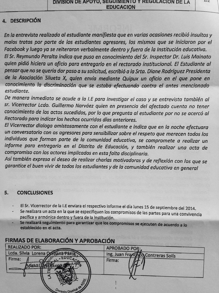 Informe distrital de educación sobre acciones del caso de Bullying 2