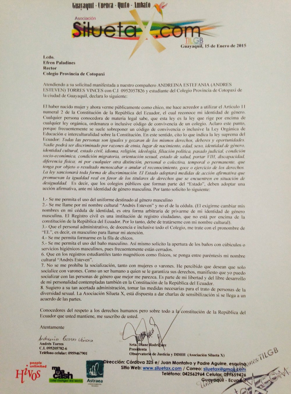 Pliego de solicitudes de un trans masculino a su colegio - Guayaquil Ecuador