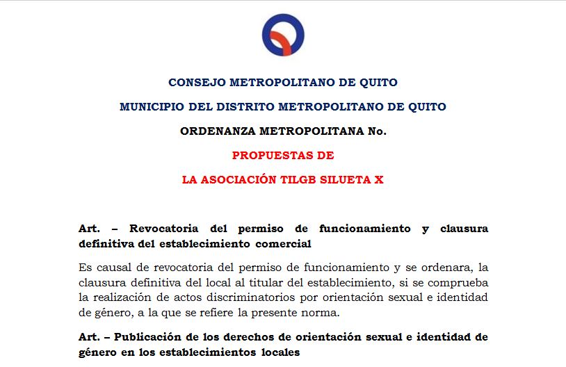 Propuestas de la Asociación Silueta X para la inclusión de la Ordenanza LGBT de Quito