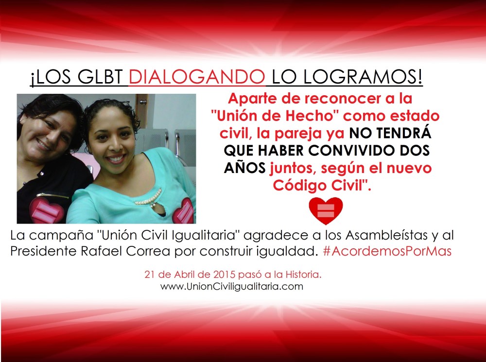 Ecuador reconoce las uniones de hecho homosexuales como estado civil - Campaña union civil igualitaria - parejas lesbicas
