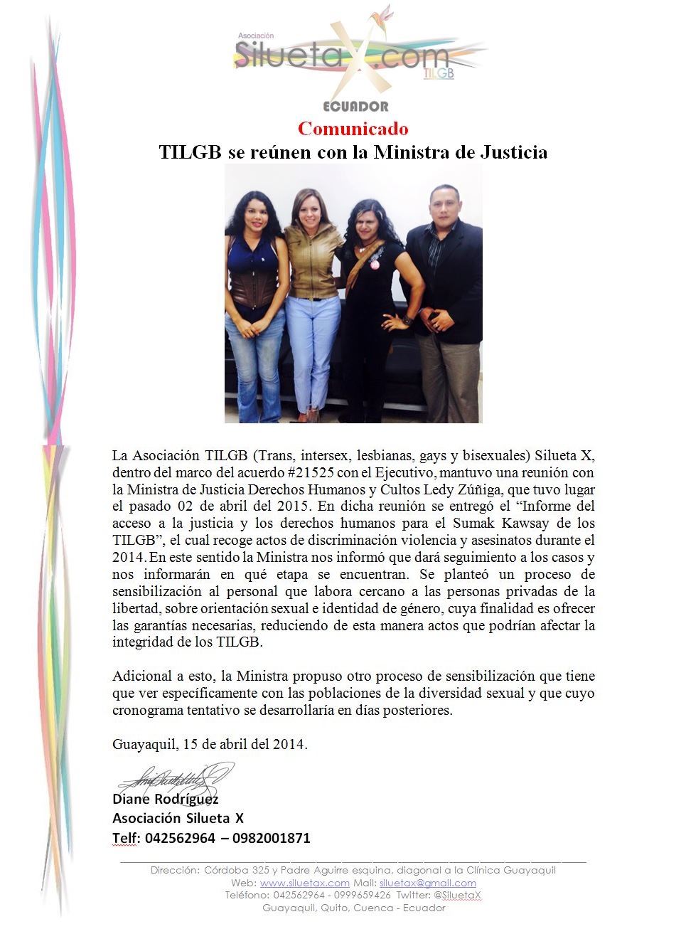 La Asociación Silueta X a través de Diane Rodríguez se reune con la Minista de Justicia Ledy Zuñiga para tratar temas de interes LGBTI