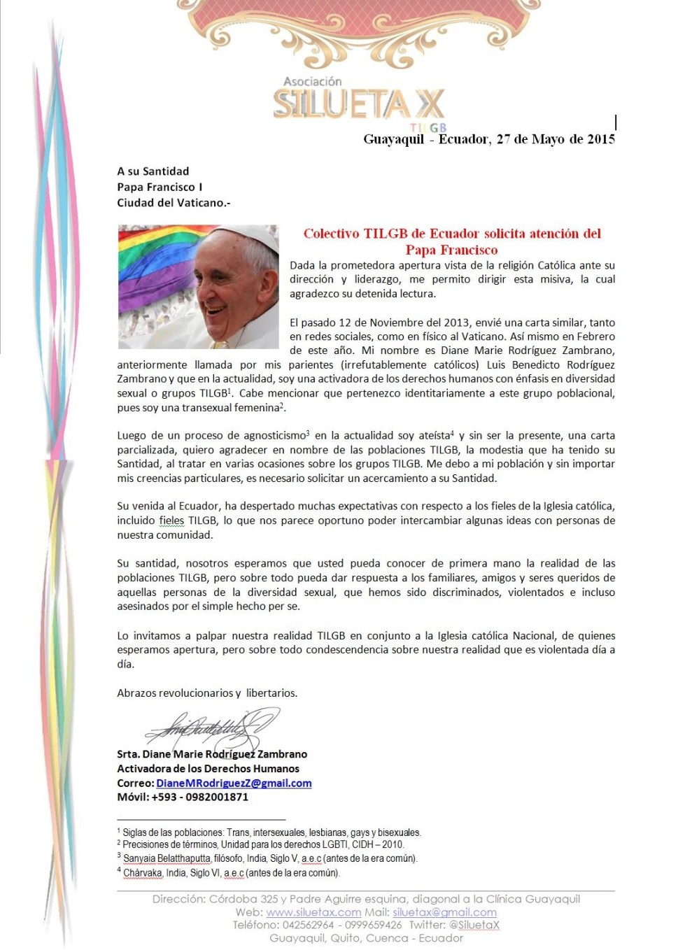 Colectivo TILGB de Ecuador solicita atención del Papa Francisco - Mayo del 2015