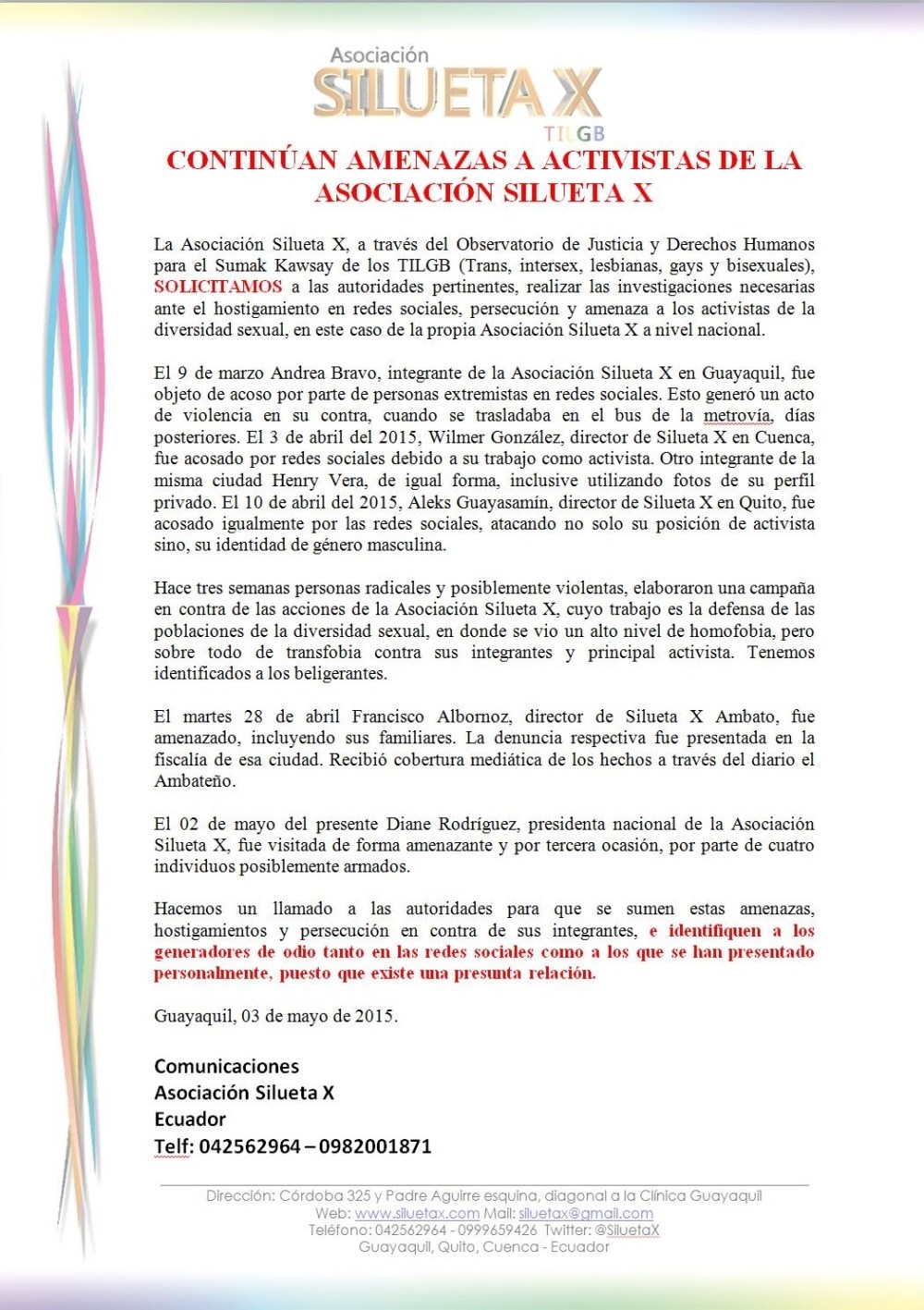 Continúan las amenazas contra activistas de la Asociación Silueta X