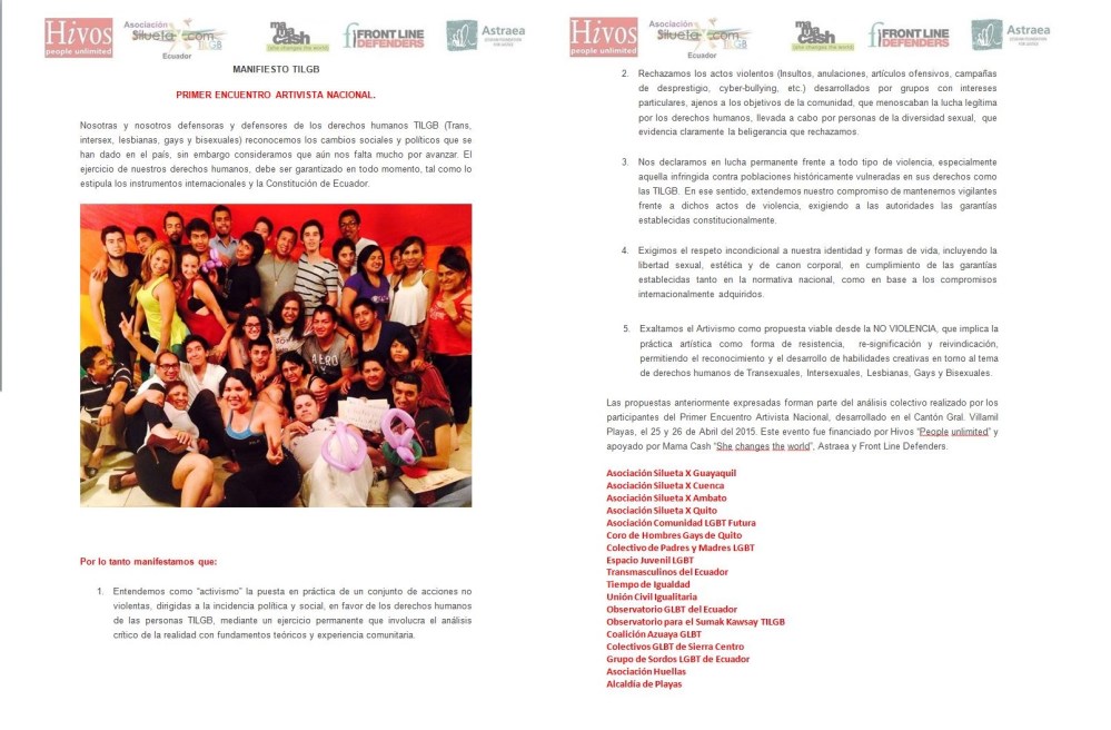 Encuentro Nacional Artivista en Ecuador gestado por la Asociación Silueta X e Hivos