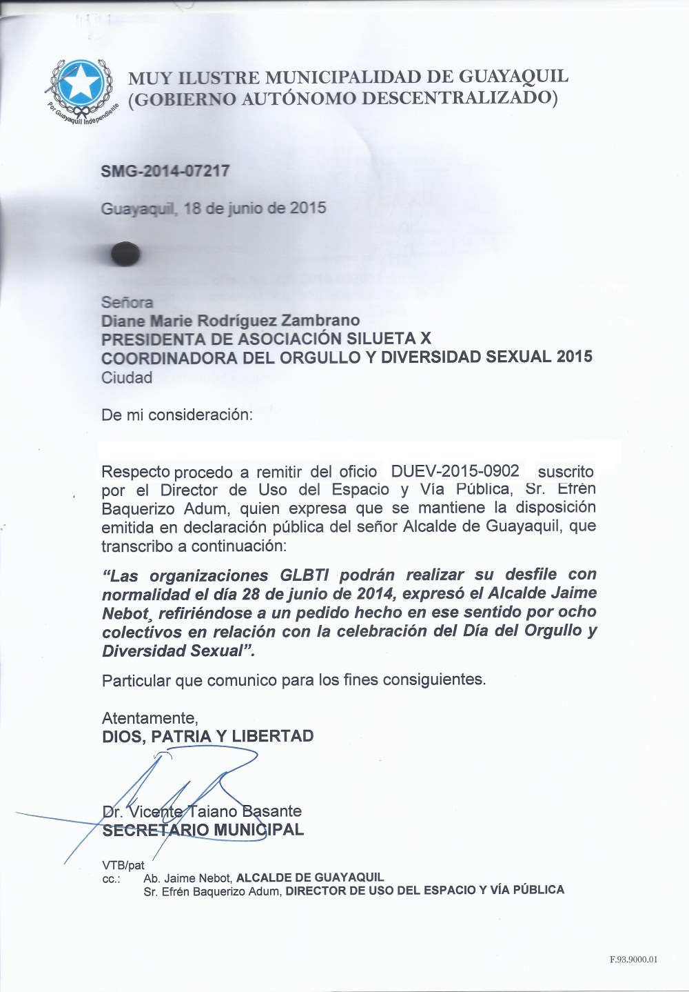 Permiso del desfile del Orgullo y Diversidad Sexual 2015 - Asociación Silueta X Guayaquil Ecuador
