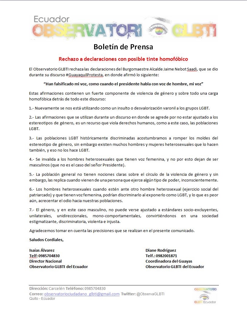 Rechazo a declaraciones con posible tinte homofóbico - Observatorio GLBTI del Ecuador