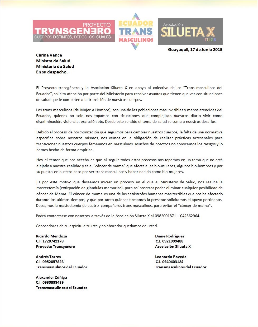 Trans masculinos del ecuador solicitan a ministra de salud prevenir el cancer de mama