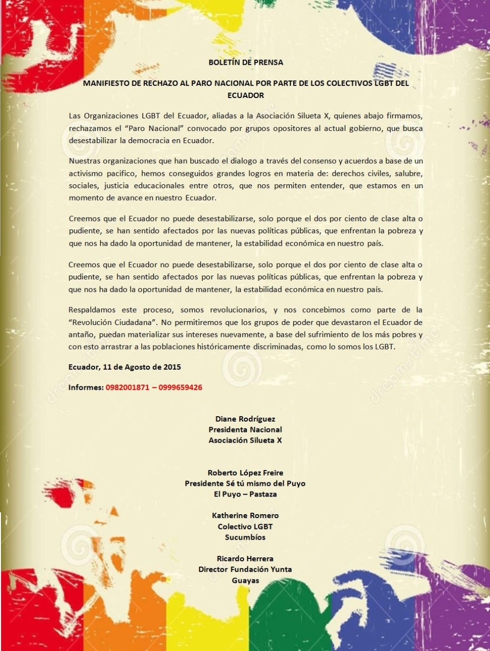 BOLETÍN DE PRENSA - Colectivos LGBT de Ecuador rechazan paro nacional del 13 de agosto de 2015