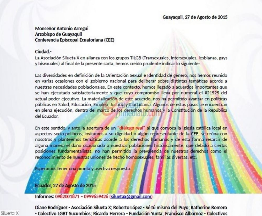 Grupo TILGB invitan a monseñor Antonio Arregui a dialogar y plantear temas sobre derechos humanos - SiluetaX -DianeRodriguez