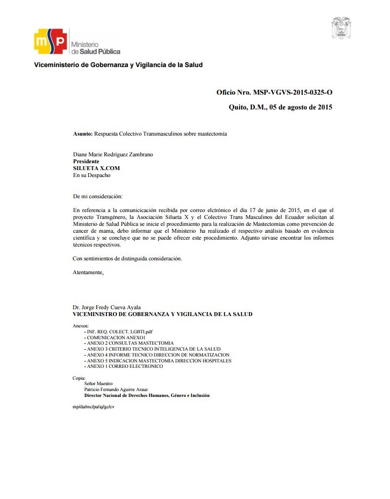 Respuesta del Ministerio ante la mastectomía de transmasculinos en Ecuador - Silueta X
