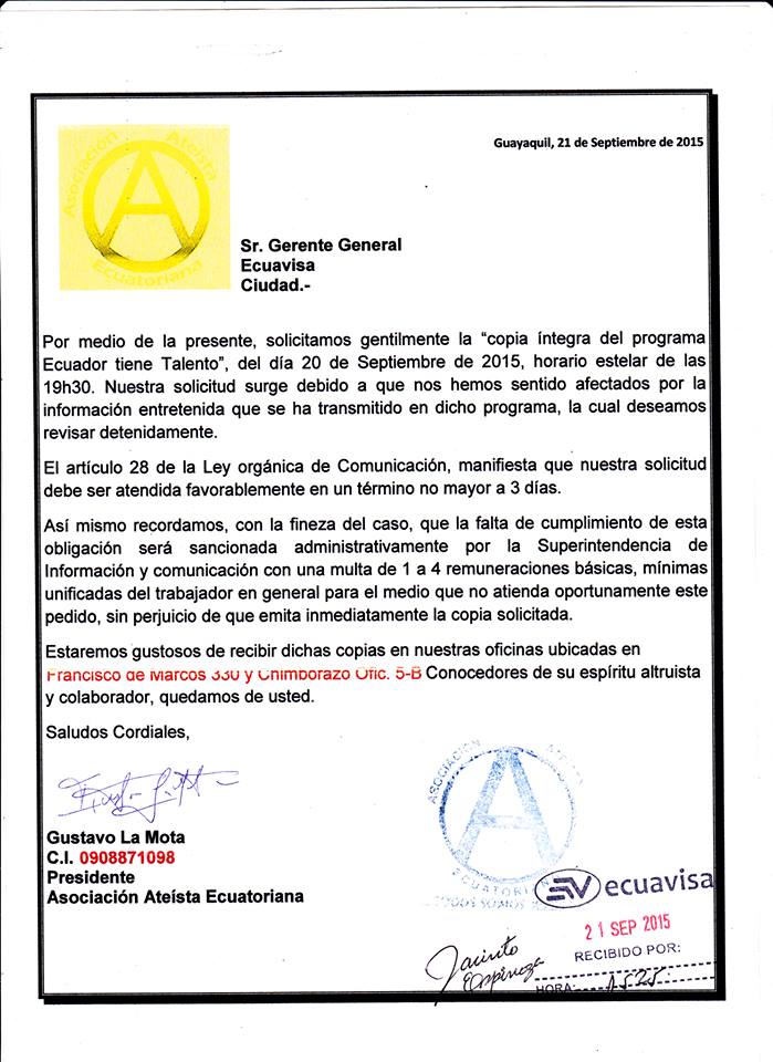 Asociación atea solicita videos a Ecuavisa por presumir discriminación basada en la fe religiosa