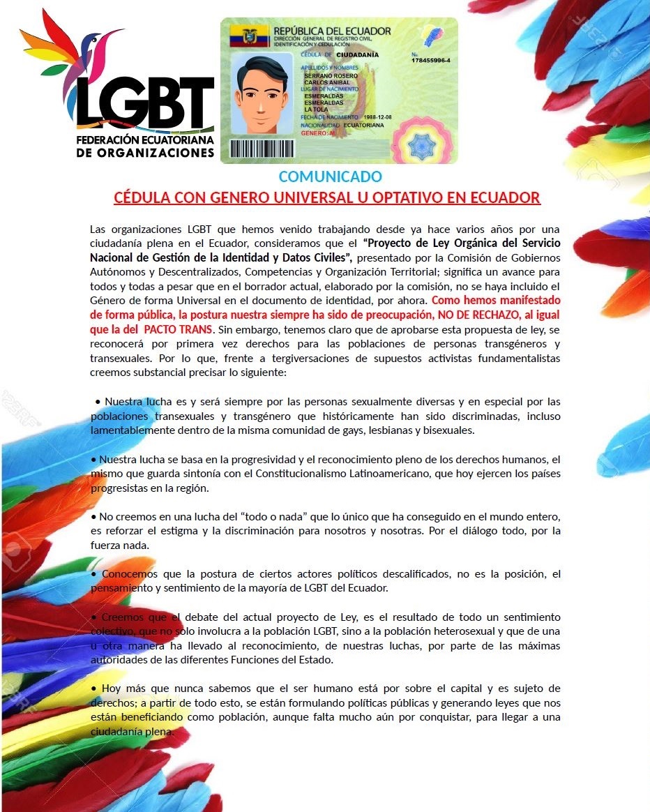 Comunicado sobre genero universal y opcional en la cedula -Federación Ecuatoriana de Organizaciones LGBT 1
