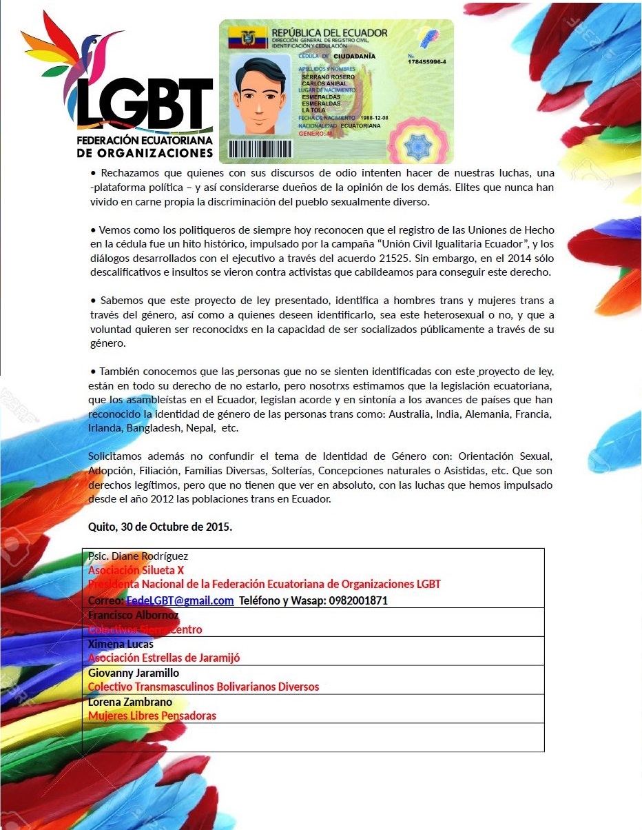 Comunicado sobre genero universal y opcional en la cedula -Federación Ecuatoriana de Organizaciones LGBT 2