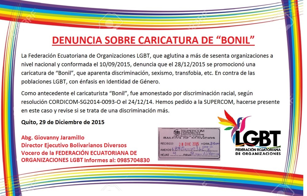 Denuncia contra Bonil por parte de la Federación Ecuatoriana de Organizaciones LGBT