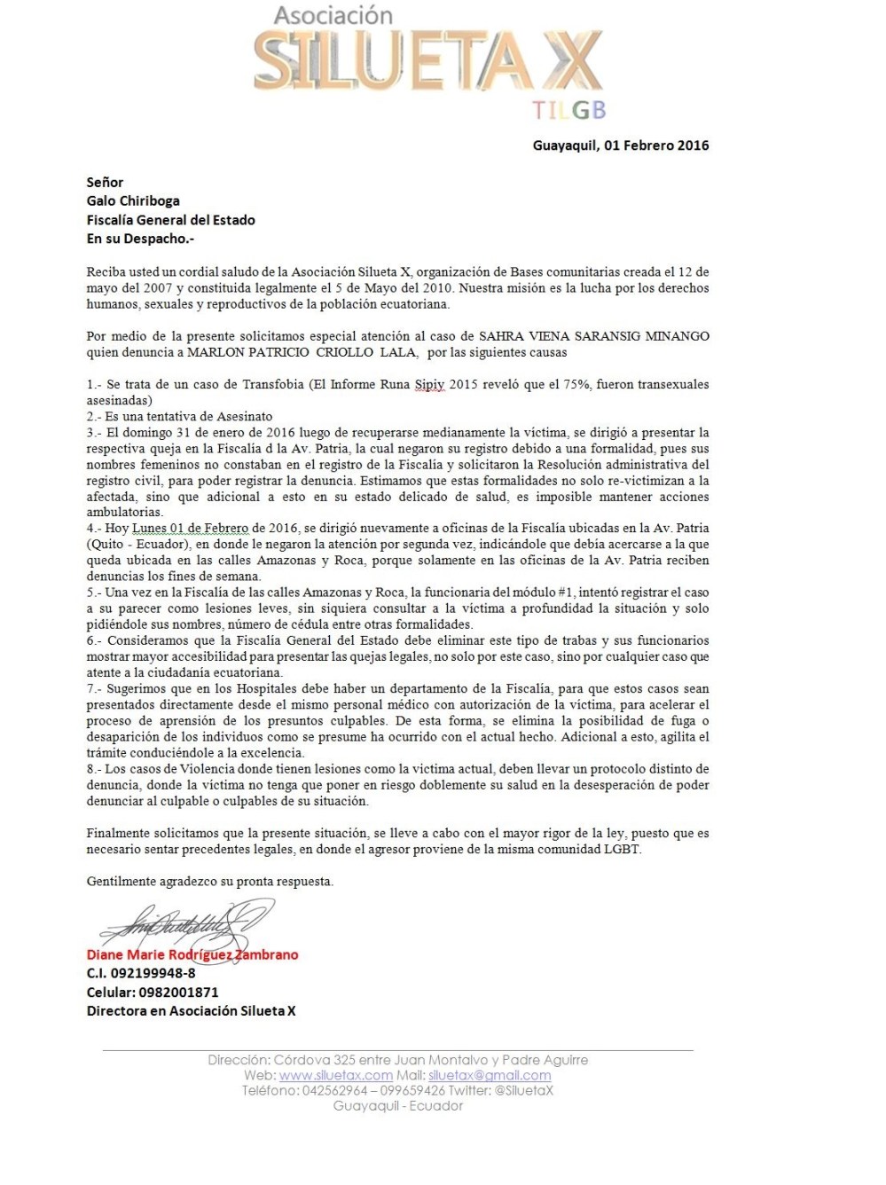 Carta a Fiscal Chiriboga sobre caso de Transfobia en Quito - Asociación Silueta X