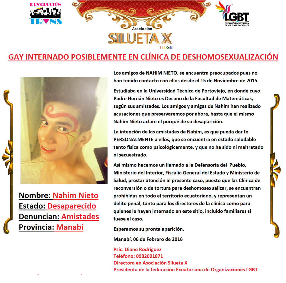 Gay internado posiblemente en clinica de deshomosexualización en Manabí - Asociación Silueta X