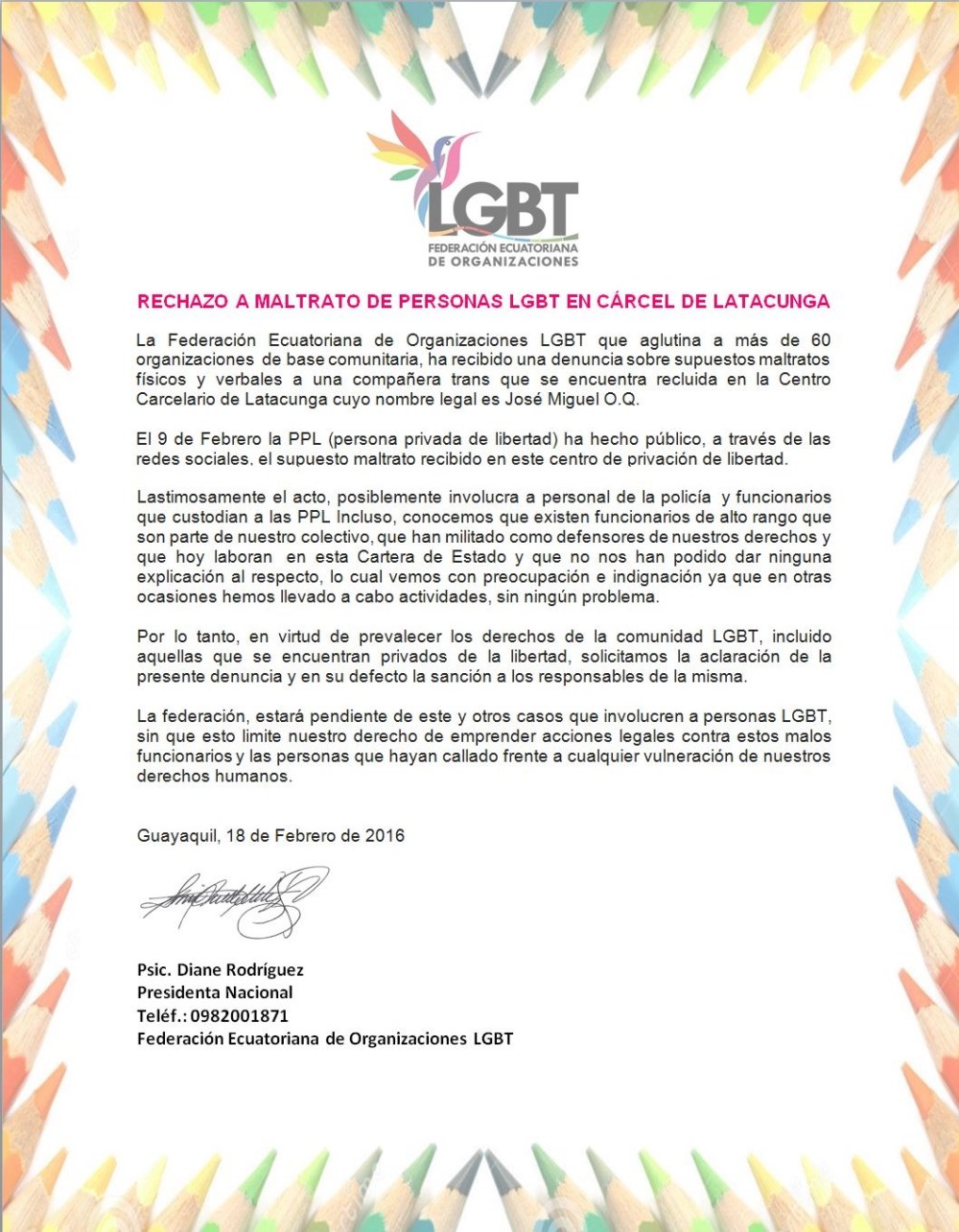 RECHAZO A MALTRATO DE PERSONAS LGBT EN CÁRCEL DE LATACUNGA - 2016