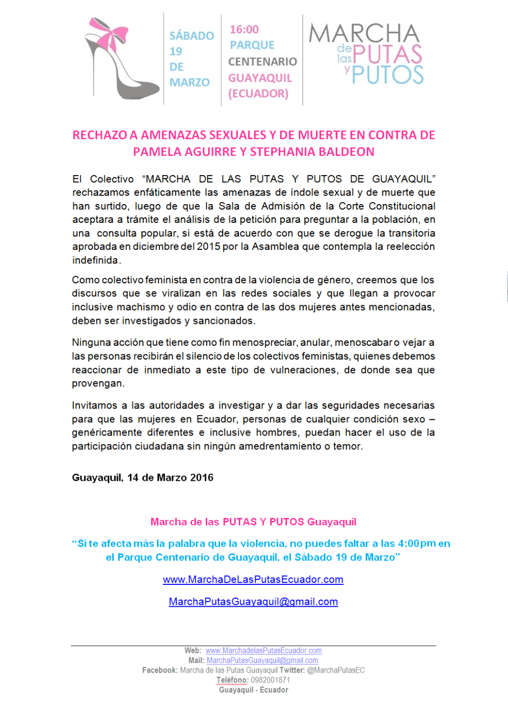 RECHAZO A AMENAZAS SEXUALES Y DE MUERTE EN CONTRA DE PAMELA AGUIRRE Y STEPHANIA BALDEON