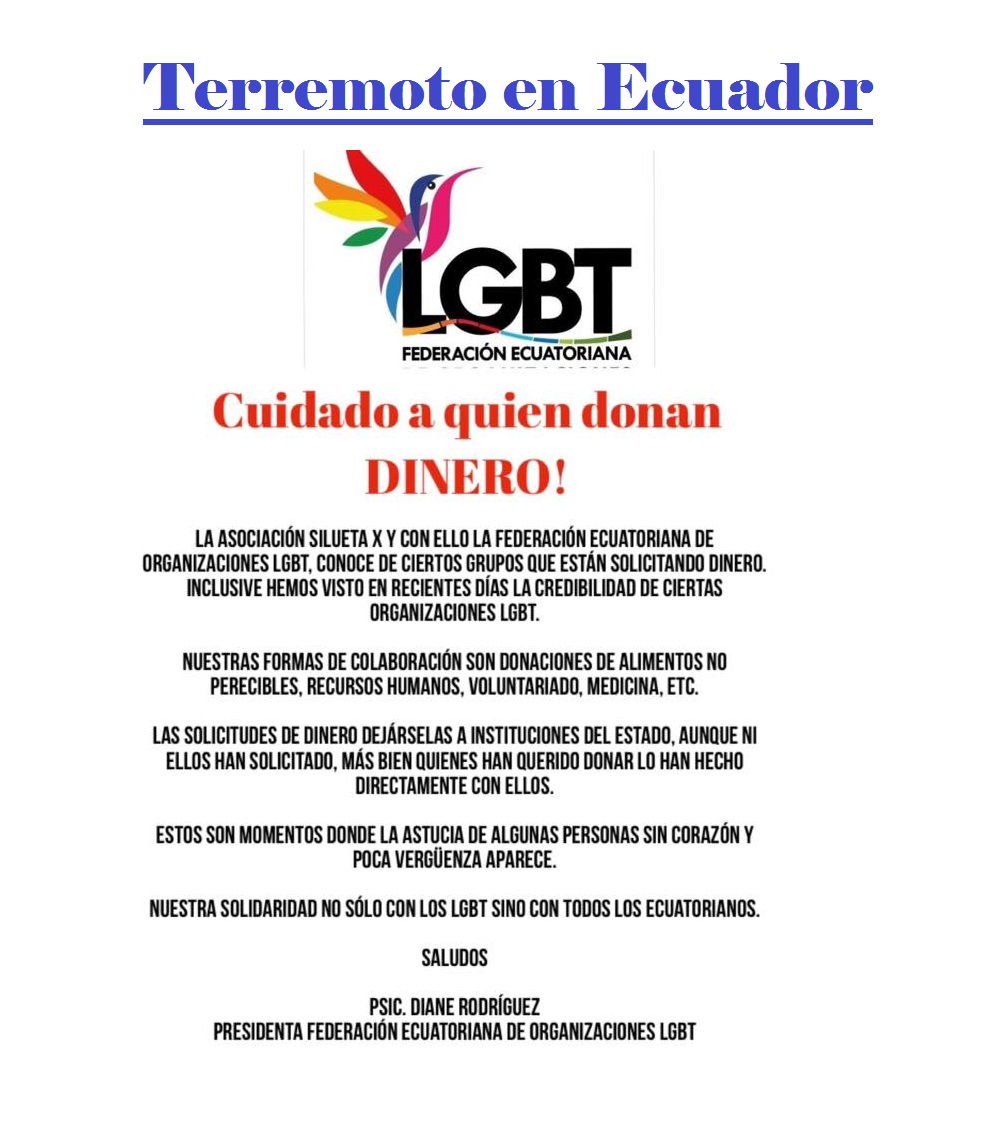 LGBT no donamos dinero Terremoto Ecuador - Federacion de Organizaciones LGBT
