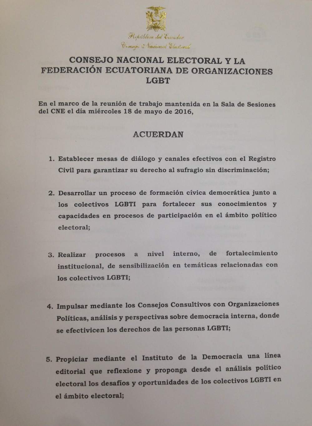 Acuerdos y compromisos del Consejo Nacional Electoral y la Federación ecuatoriana de organizaciones LGBT en favor de la población LGBTI de Ecuador (1)