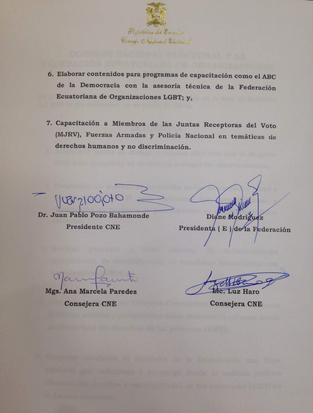 Acuerdos y compromisos del Consejo Nacional Electoral y la Federación ecuatoriana de organizaciones LGBT en favor de la población LGBTI de Ecuador (2)