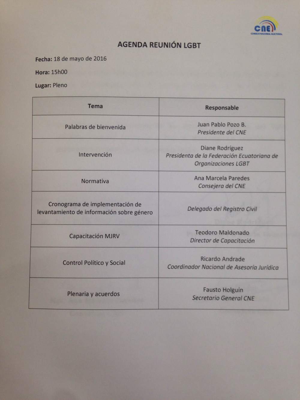 Agenda de trabajo entre la federación ecuatoriana de organizaciones LGBT y el consejo nacional electoral