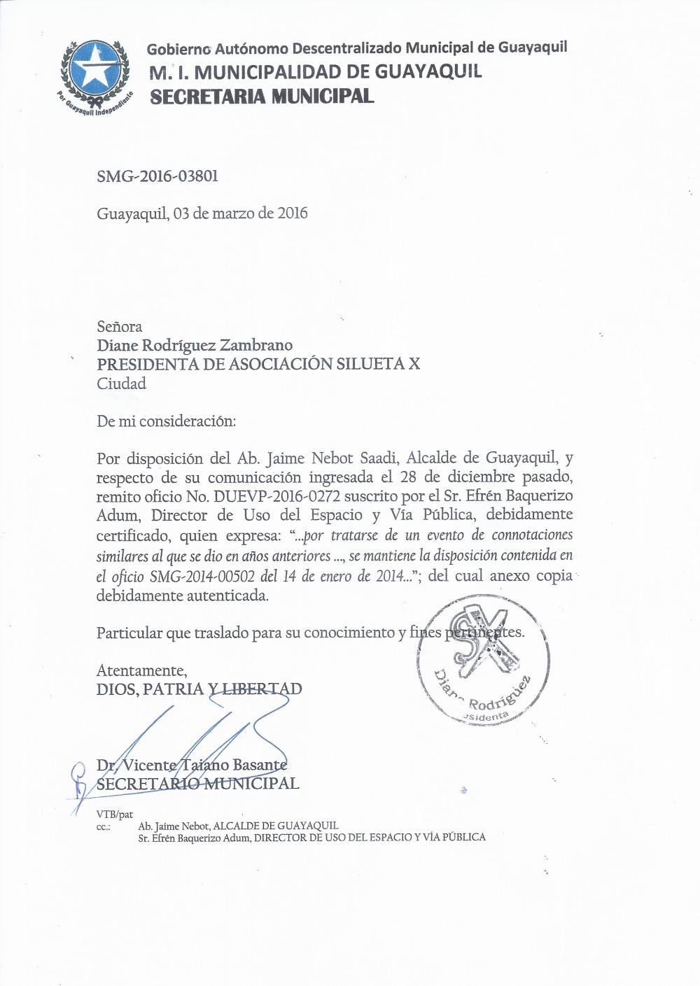 Permiso Legal Marcha del Orgullo y Diversidad Sexual 2016 otorgado a la Asociación SIlueta X