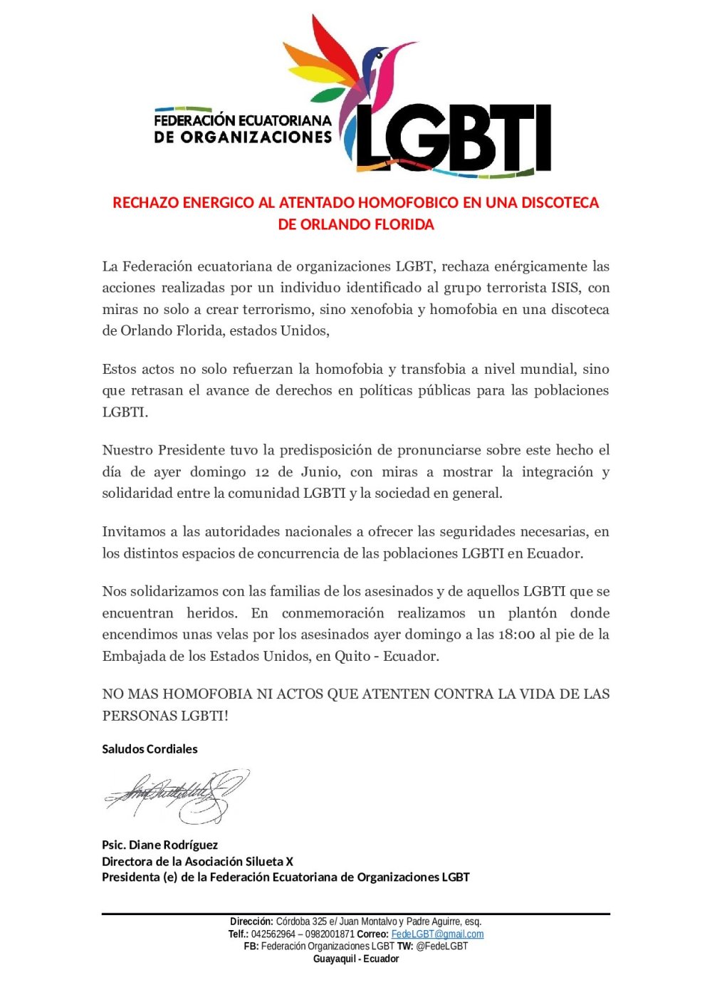 Rechazo a acto terrorista homofobico ocurrido en Orlando Florida desde Comunidad LGBTI de Ecuador