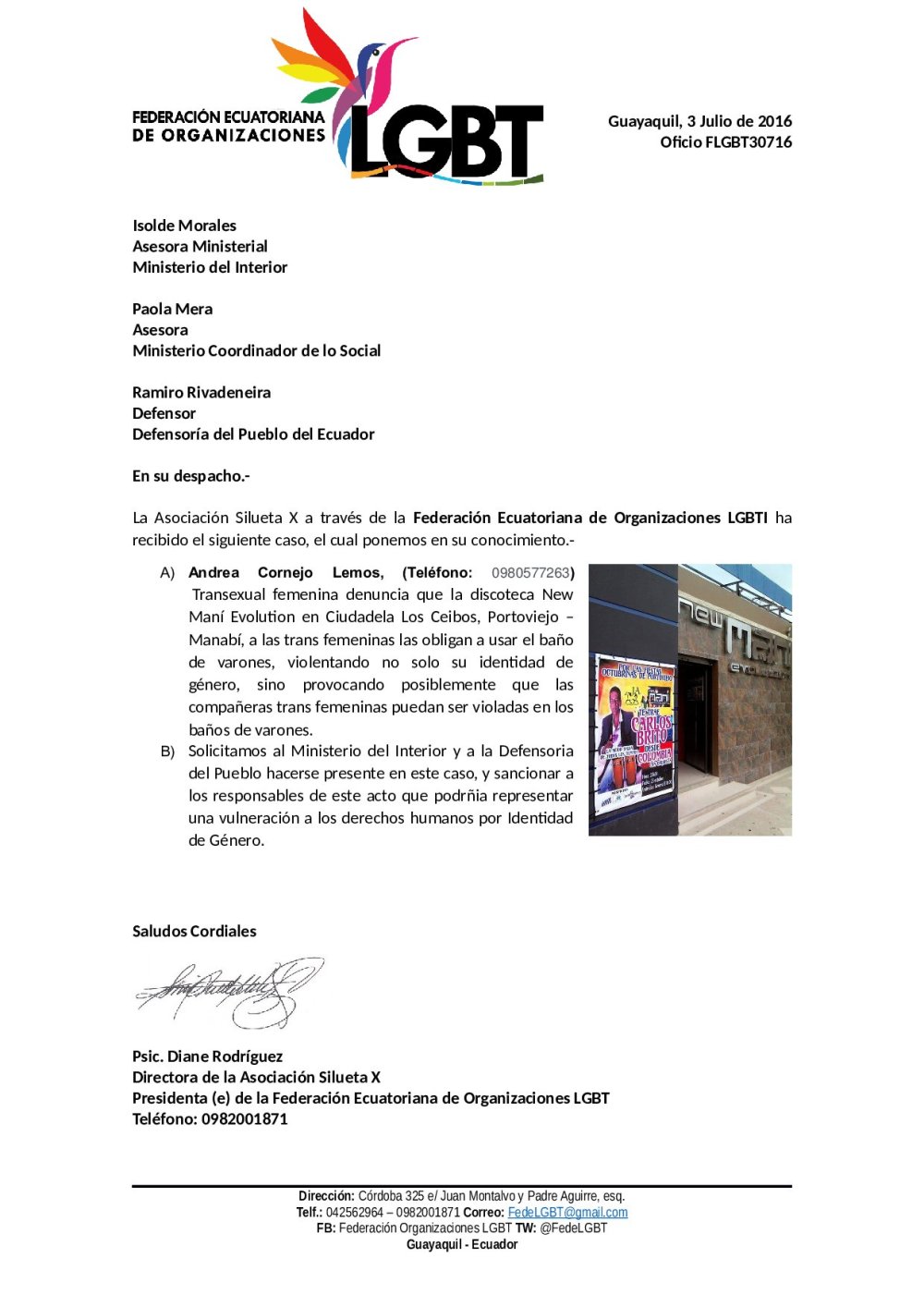 Oficio_FLGBT30716 Prohiben usar el baño de mujeres a trans en portoviejo en discoteca