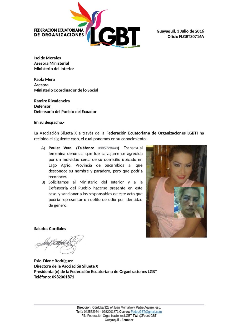 Oficio_FLGBT30716A Trans es golpeada en Lago Agrio Sucumbios Federación ecuatoriana de organizaciones LGBTI