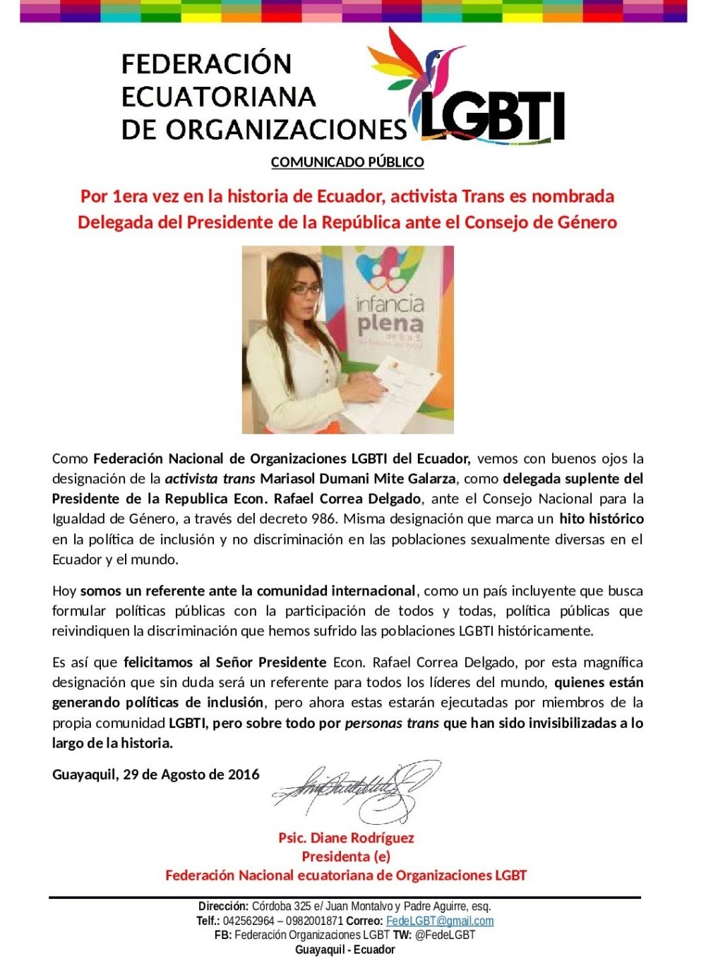 Activista Trans es nombrada Delegada del Presidente de Ecuador ante el Consejo de Género 2