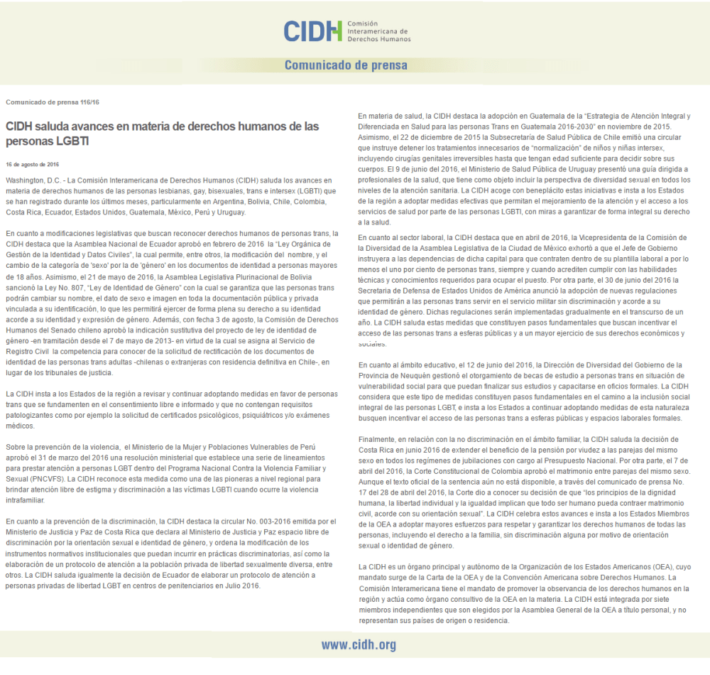 CIDH reconoce avances de derechos transgéneros en Ecuador