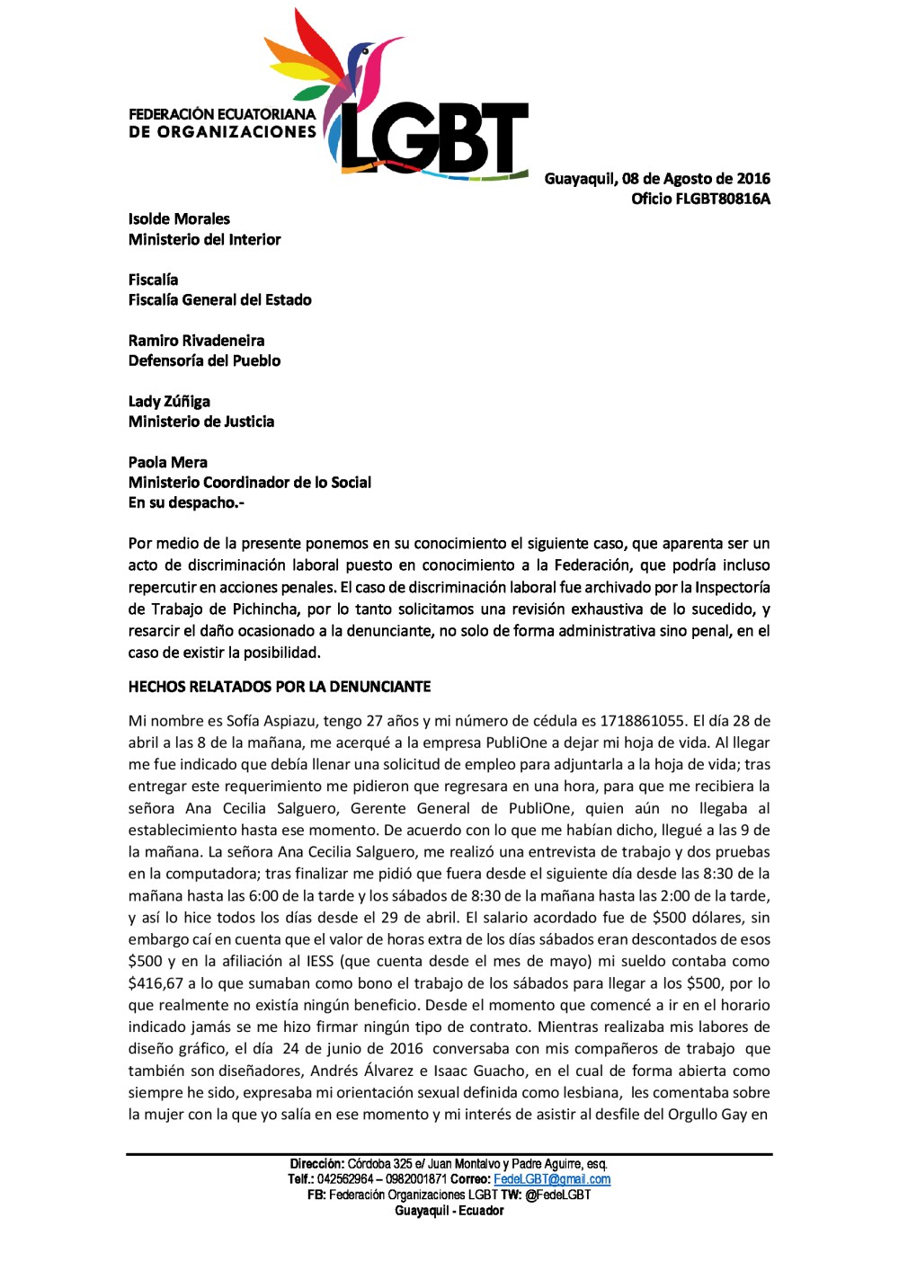 Discriminación Laboral a mujer lesbiana en Publione - Federación Ecuatoriana de organizaciones LGBTI (1)