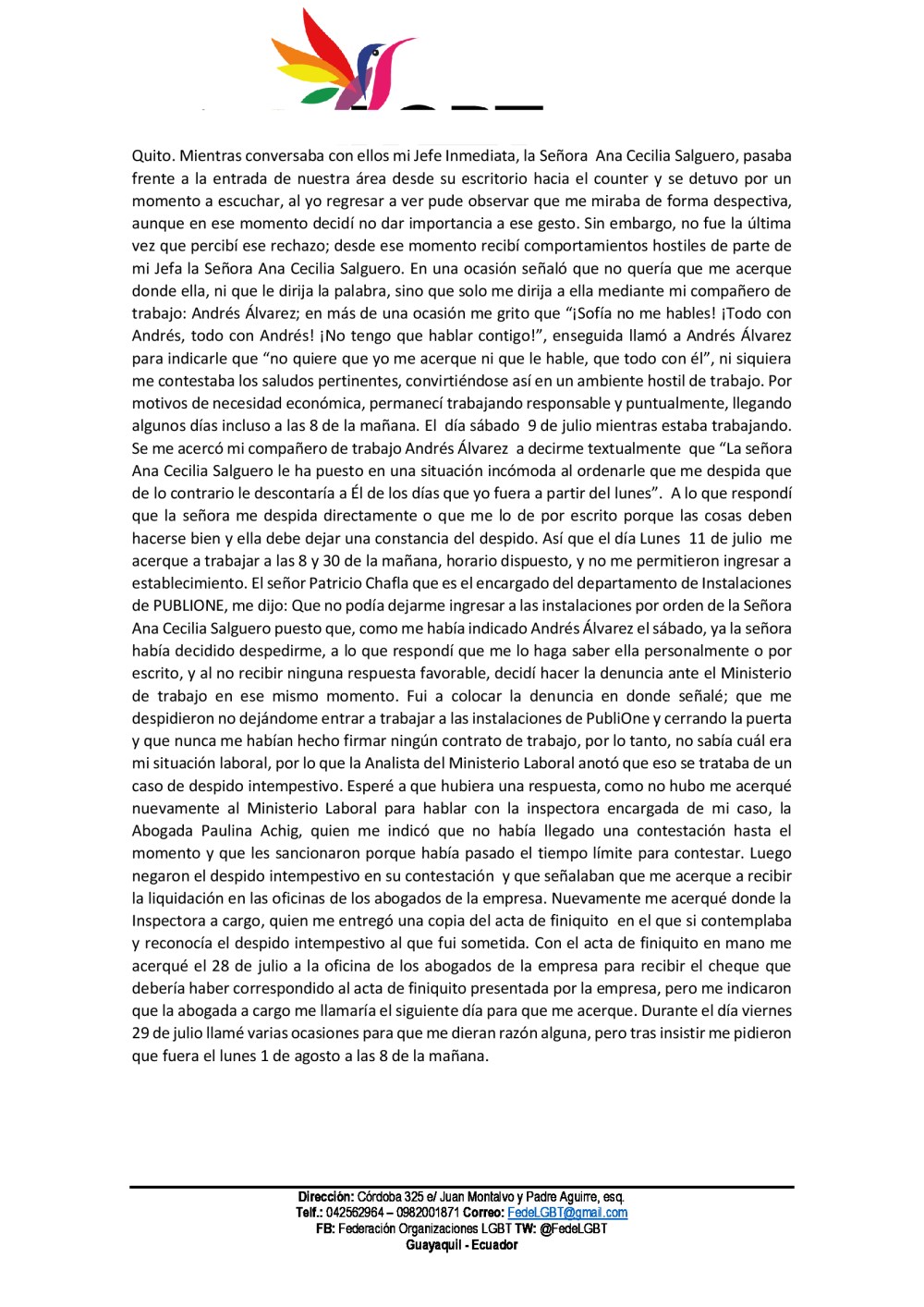 Discriminación Laboral a mujer lesbiana en Publione - Federación Ecuatoriana de organizaciones LGBTI (2)