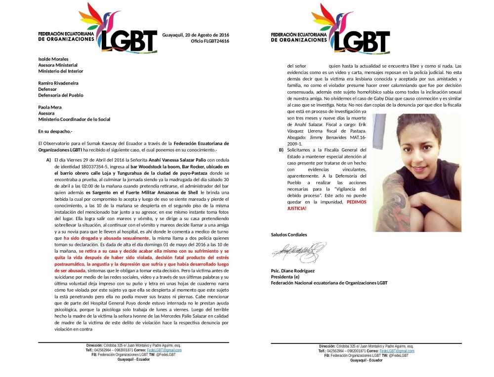 Joven Lesbiana es violada en el Puyo y luego se suicida lamentablemente - Federación de organizaciones LGBTI