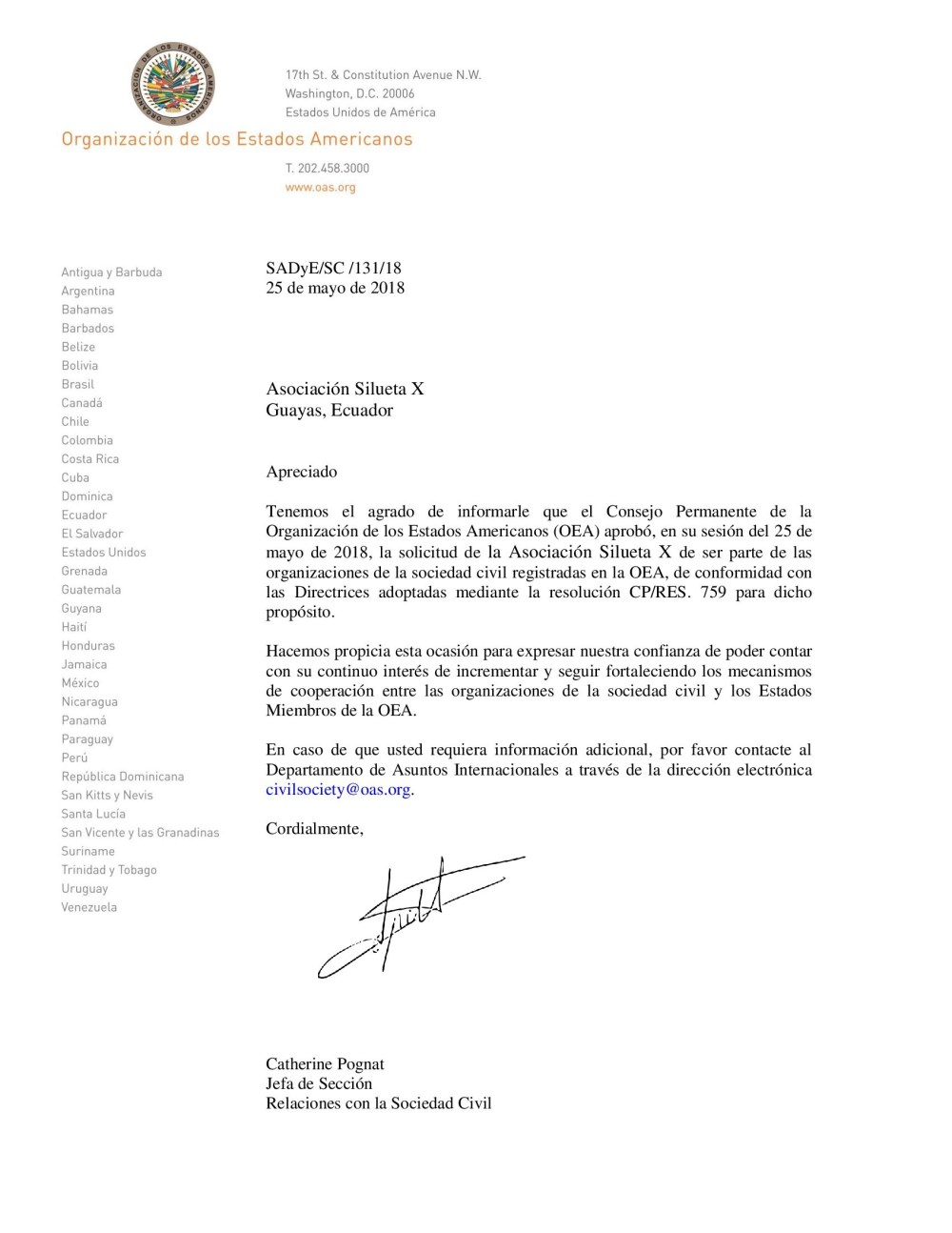 Asociación LGBT Silueta X de Ecuador en Registro de Organizaciones de la Sociedad Civil OEA - Organización de Estados Americanos