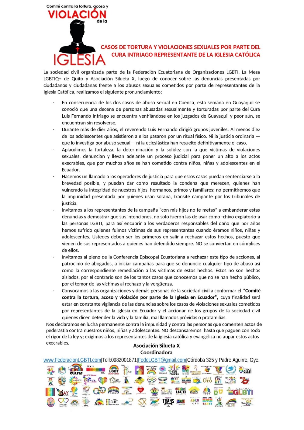 Casos de abuso sexual, violación y tortura de la iglesia catolica de Ecuador - Asociación Silueta X - Federación Ecuatoriana de organizaciones LGBTI