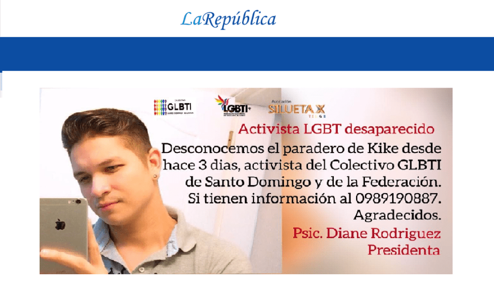 Aparece con vida joven activista LGTBI desaparecido en Santo Domingo-Asociacion Silueta X-Federacion Ecuatoriana LGBTI