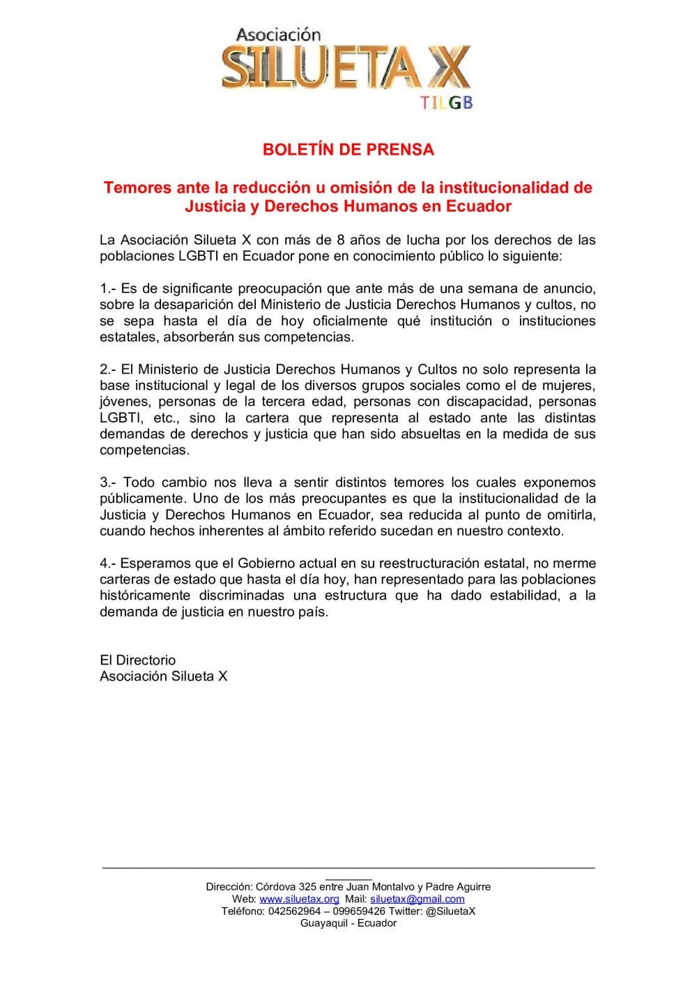 Temores ante la reducción u omisión de la institucionalidad de Justicia y Derechos Humanos en Ecuador-Asociacion Silueta X
