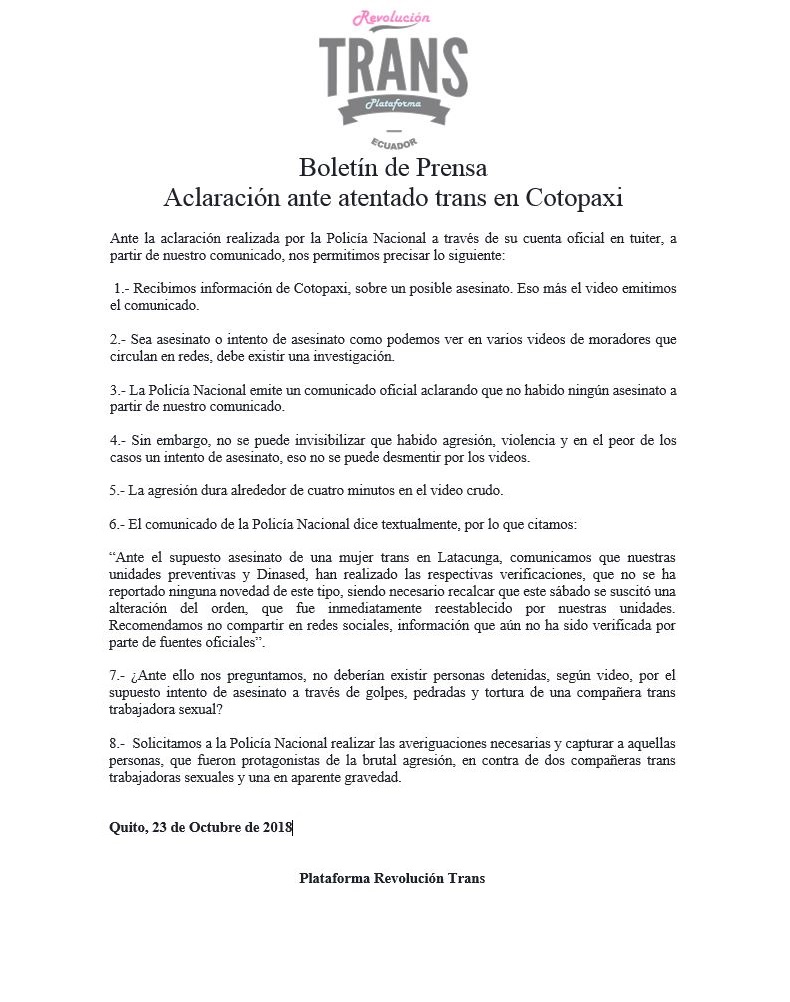Aclaración ante atentado de Mujer trans en Cotopaxi - Plataforma revolución trans - Ecuador Transgénero