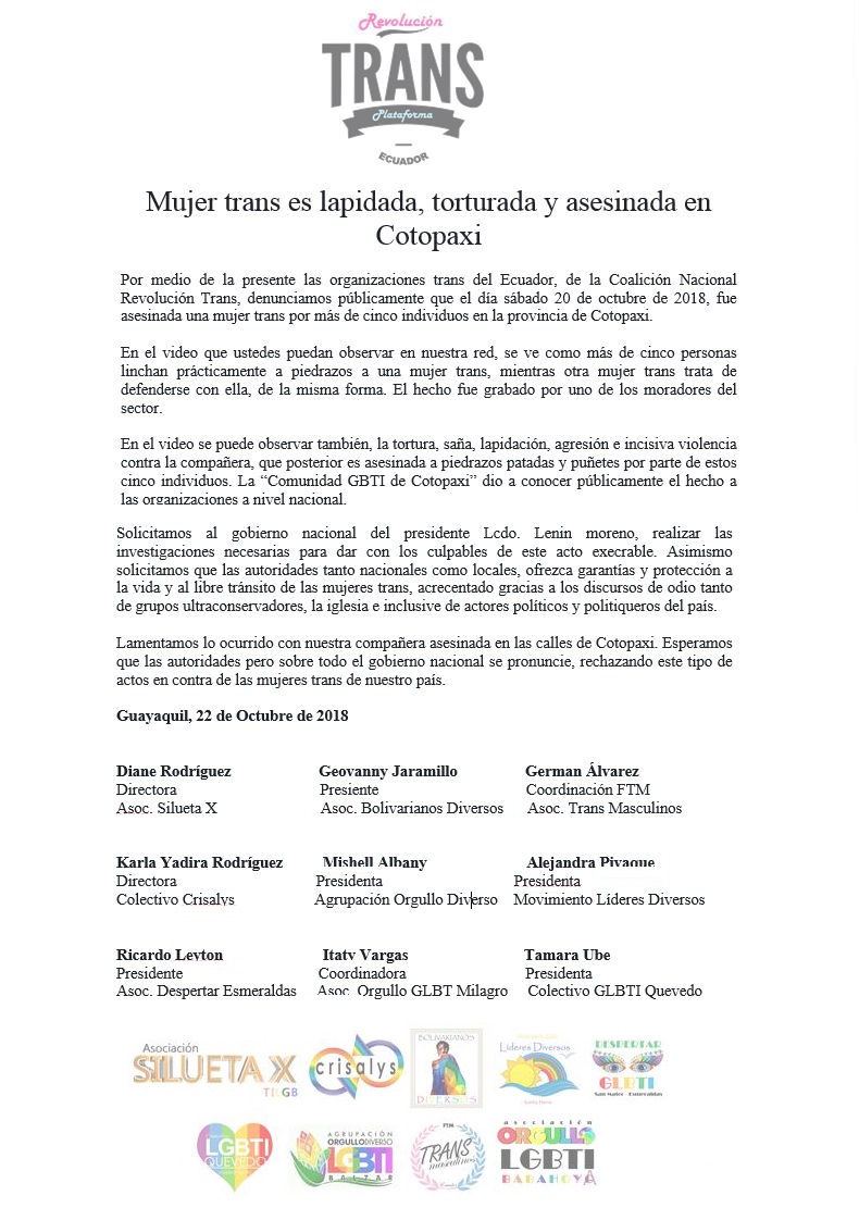 Mujer trans es lapidada, torturada y asesinada en Cotopaxi - Plataforma revolución trans - Asociación SIlueta X Ecuador Transgénero
