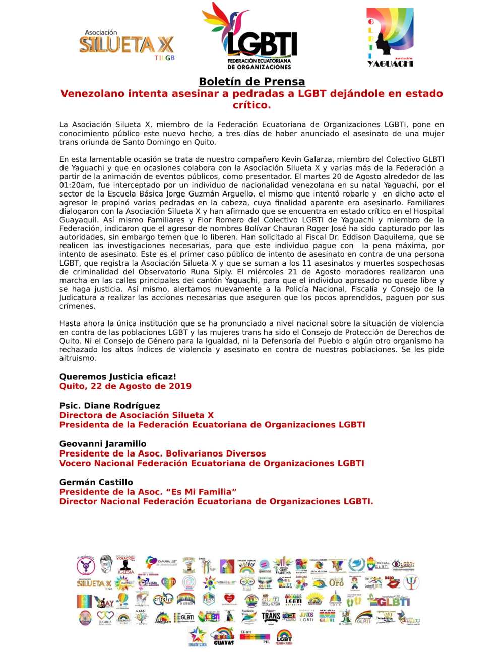 Venezolano intenta asesinar a pedradas a LGBT dejándole en estado crítico - Federación Ecuatoriana de Organizaciones LGBTI y Asociación Silueta X-1