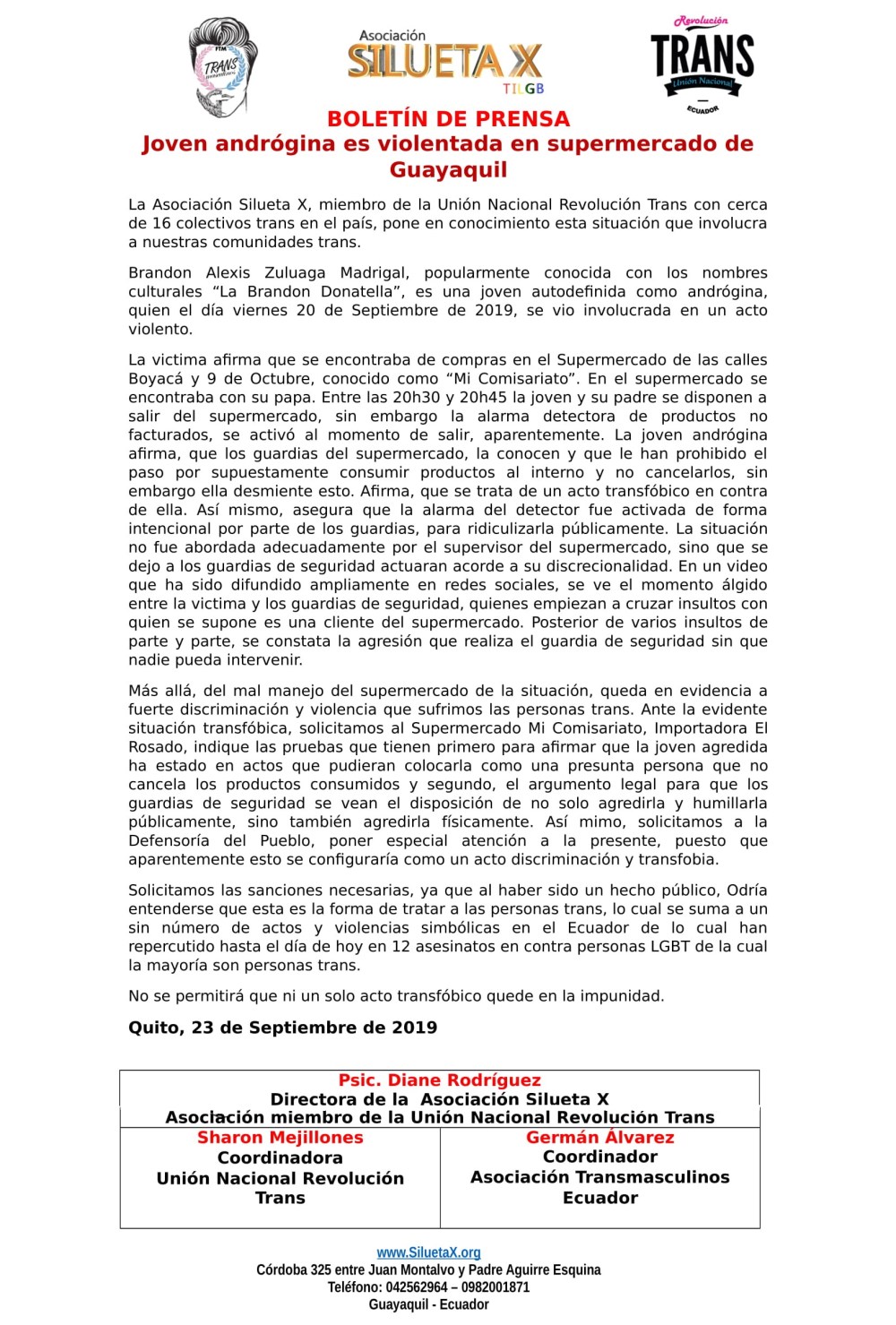 Boletín de Prensa - Joven andrógina es violentada en supermercado de Guayaquil-1