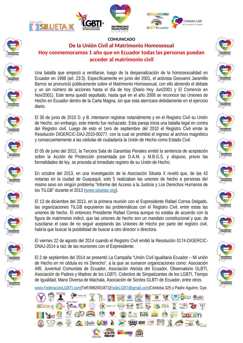 Comunicado - Hoy conmemoramos 1 año que en Ecuador todas las personas puedan acceder al Matrimonio Civil - Federación Ecuatoriana de Organizaciones LGBT - Camara LGBT de Comercio - Silueta X-1